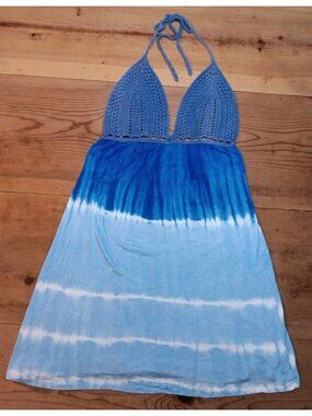 By the Sea Womens L Crochet Cup Halter Top Blue Tie Dye Beachy Boho Festival